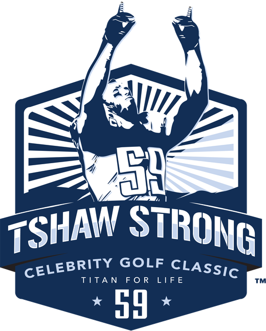 TShaw Strong Celebrity Golf Classic crest. Tim Shaw in his number 59 jersey with both arms raised, above the words Celebrity Golf Classic, Titan for Life.